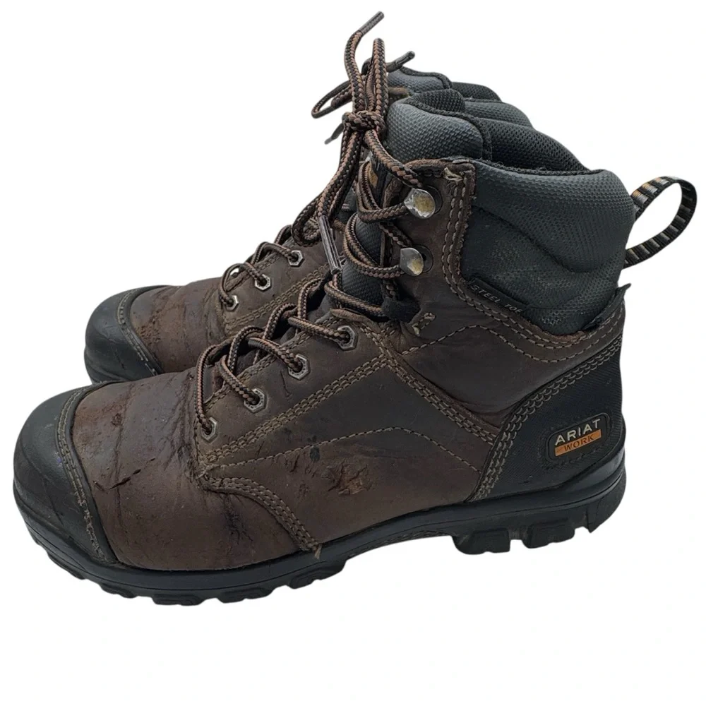 Ariat Steel Toe Waterproof Men's Dark Brown Leather Work Boots - Size 7.5
